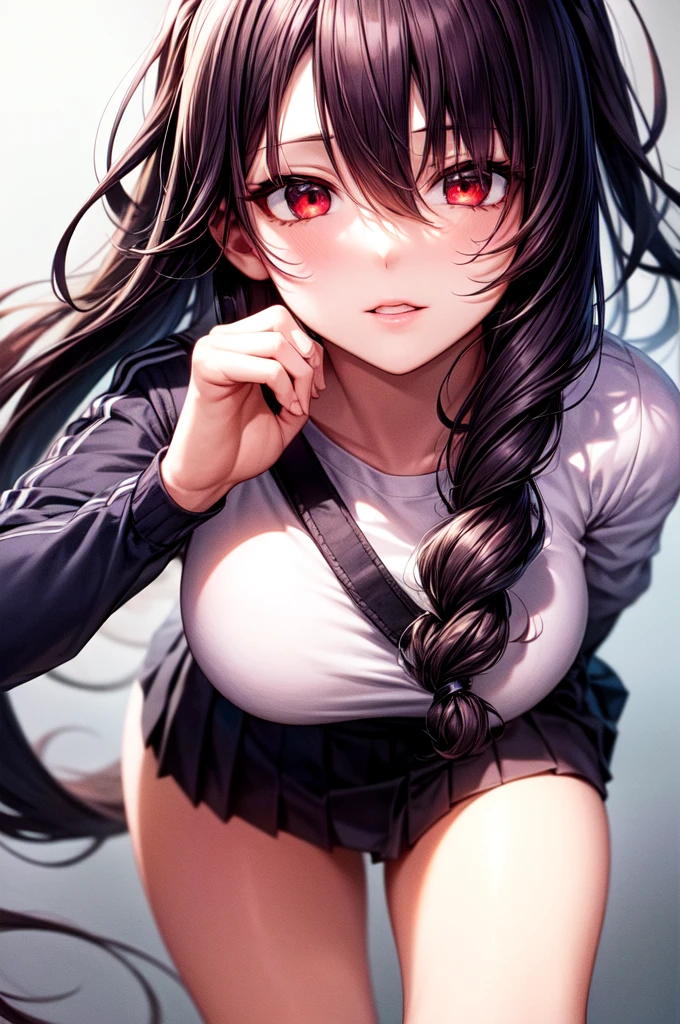 8K, underdetailed, masterpiece, high quality, highres, best quality, highres, 1girl, disheveled hair, illustration, focus on face, simple background, long hair, socks, black hair, hair between eyes, calm, long bangs, wolfcut, ribbons in hair, crimson red eyes, large , very long hair, breastsct face, perfect legs, pleated skirt, full lips, add_detail:-3