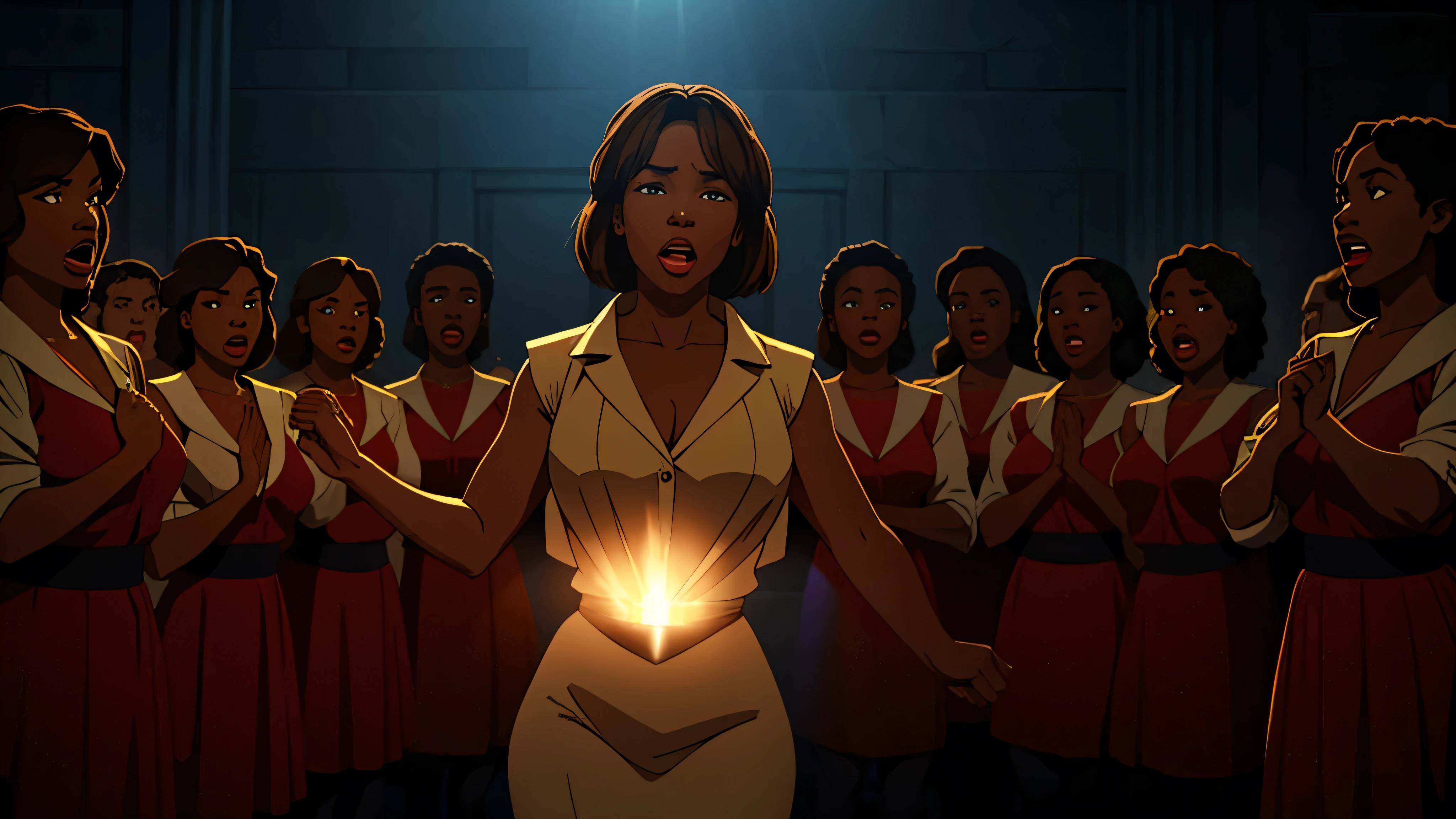 1970s, gospel choir singing and dancing, cinematic action, atmospheric perspective, depth of field, textured skin, super detail,