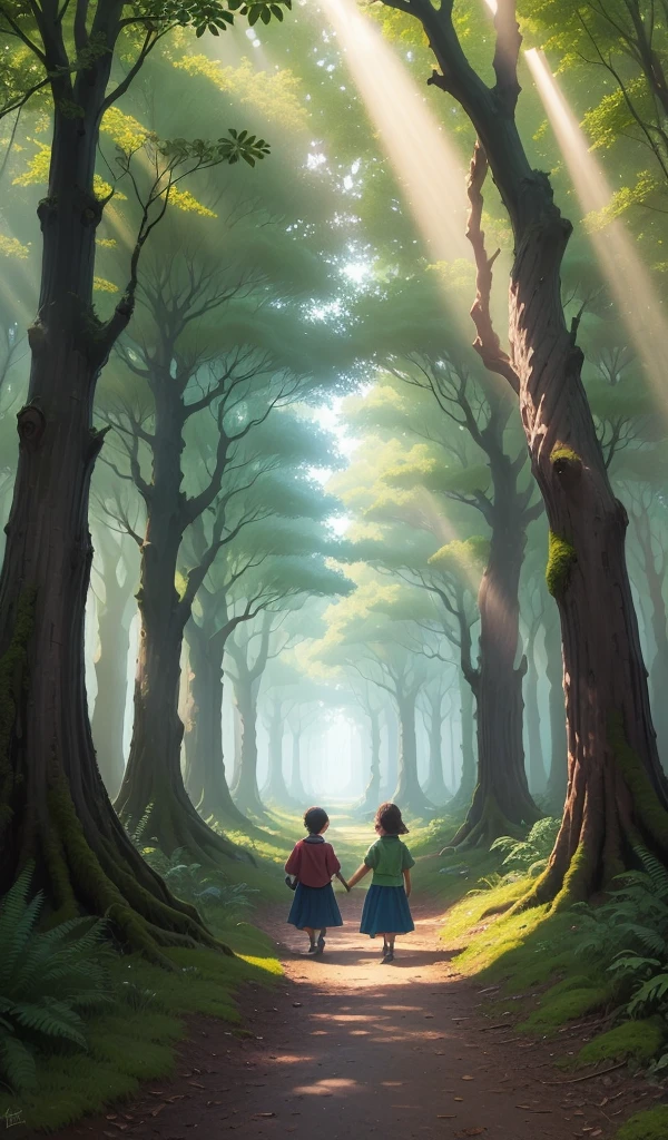 (anime, digital paint, enchanted forest background, vibrant colors, sunlight filtering through trees, happy children walking hand in hand on a mossy path, dense foliage all around, sense of wonder and adventure)