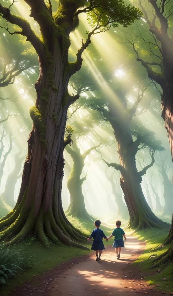 (anime, digital paint, enchanted forest background, vibrant colors, sunlight filtering through trees, happy children walking hand in hand on a mossy path, dense foliage all around, sense of wonder and adventure)