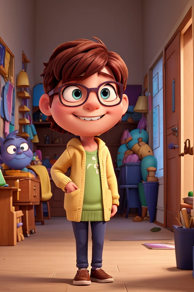 Create character, nerdy, smiling , based on traits from the film 'Inside Out'
