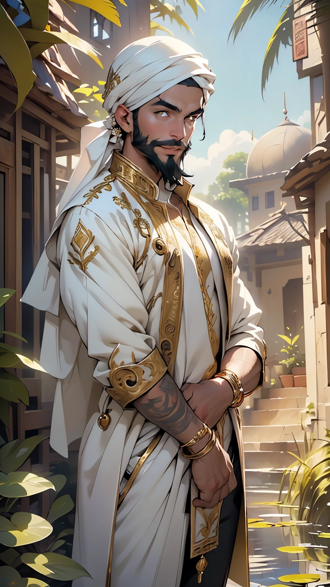 (man:1.5),1 man,male, muscle, 1boy, Mature man,45 year,1 man,macho man,((black hair)),(((A Somali with dark skin and a beard, his beard is black, he is Muslim))), (((gold_eyes:1.3))),intricate eyes,beautiful detailed eyes,symmetrical eyes,perfect face,

(male muslim),

(((lustrous skin:1.5,tanned skin,skin tanned,shiny skin,very shiny skin,shiny body))),distracted

He wears a white robe and a white turban,arabic pants,((bulge in pants)),turban, arabic clothes,(((intricate outfit,embroidered outfit,ornate outfit,intricate clothes,embroidered clothes,ornate clothes))),

dynamic pose,looking at viewer,smug,(masculine attitude),centered,scale to fit dimensions,Rule of thirds,

outdoors,(Arab palace,Arab palace background,pyramids in the background),scenery,(oasis,oasis background),extremely scenery,(puddles everywhere,moss,moss on the background),clouds,Arab style,Arab castle,lily pads,palms,reeds,(sunset, golden hour),

(Glossy Arab ornaments),highres,sharp focus,(ultra detailed,extremely detailed),(photorealistic artwork:1.37),(extremely detailed CG unity 8k wallpaper),(((vibrant colors,vibrant theme))),(intricate),(masterpiece),(best quality),artistic photography,(photography taken by sldr),(intricate background),perfect rendered face,perfect face details,realistic face,photo realistic,((intricate detail)),(((realism))),
