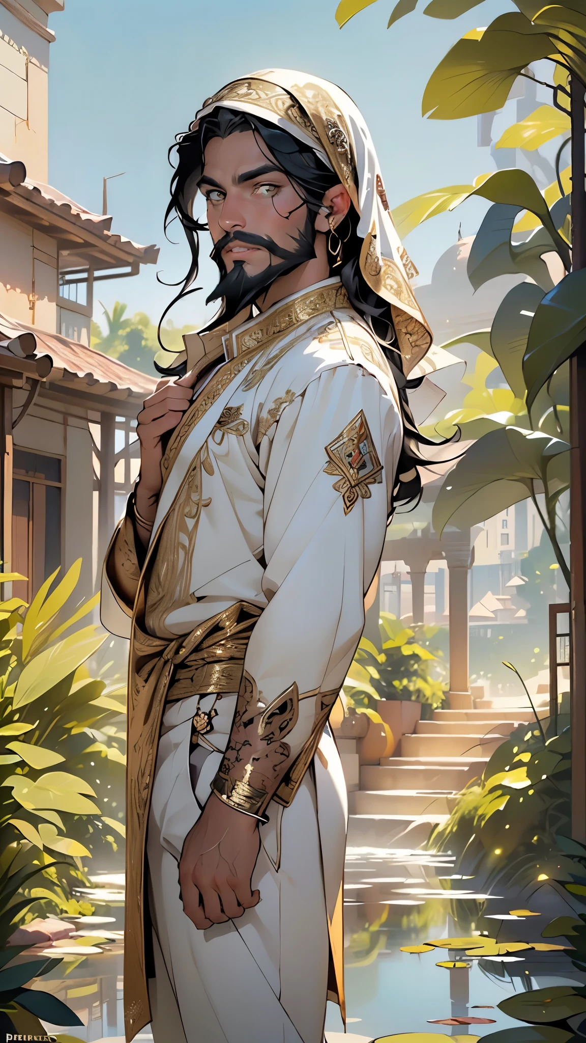 (man:1.5),1 man,male, muscle, 1boy, Mature man,45 year,1 man,macho man,((black hair)),(((A Somali with dark skin and a beard, his beard is black, he is Muslim))), (((gold_eyes:1.3))),intricate eyes,beautiful detailed eyes,symmetrical eyes,perfect face,
(male muslim),
(((lustrous skin:1.5,tanned skin,skin tanned,shiny skin,very shiny skin,shiny body))),distracted
He wears a white robe and a white turban,arabic pants,((bulge in pants)),turban, arabic clothes,(((intricate outfit,embroidered outfit,ornate outfit,intricate clothes,embroidered clothes,ornate clothes))),
dynamic pose,looking at viewer,smug,(masculine attitude),centered,scale to fit dimensions,Rule of thirds,
outdoors,(Arab palace,Arab palace background,pyramids in the background),scenery,(oasis,oasis background),extremely scenery,(puddles everywhere,moss,moss on the background),clouds,Arab style,Arab castle,lily pads,palms,reeds,(sunset, golden hour),
(Glossy Arab ornaments),highres,sharp focus,(ultra detailed,extremely detailed),(photorealistic artwork:1.37),(extremely detailed CG unity 8k wallpaper),(((vibrant colors,vibrant theme))),(intricate),(masterpiece),(best quality),artistic photography,(photography taken by sldr),(intricate background),perfect rendered face,perfect face details,realistic face,photo realistic,((intricate detail)),(((realism))),