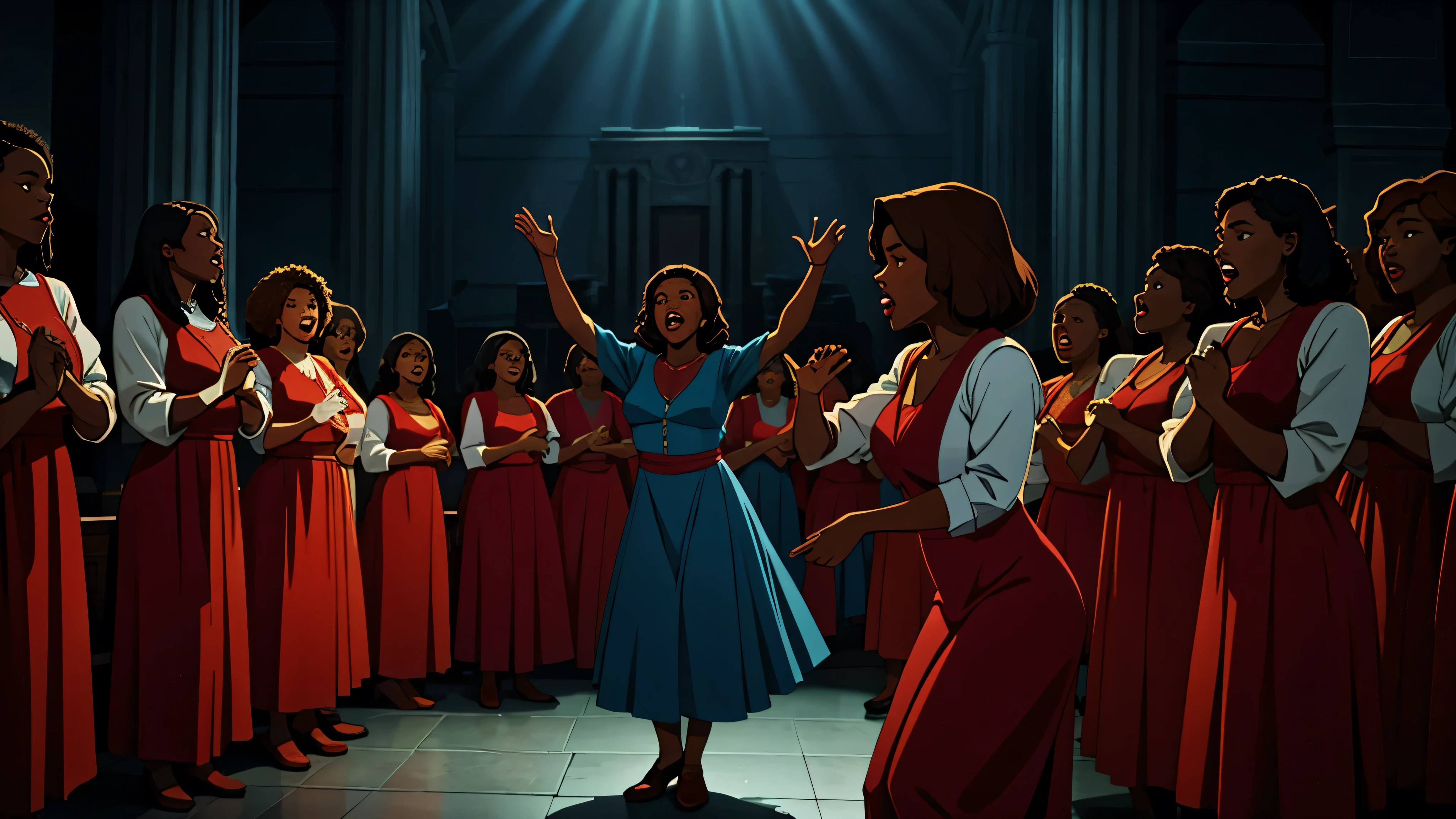1970s, gospel choir singing and dancing, cinematic action, atmospheric perspective, depth of field, textured skin, super detail,