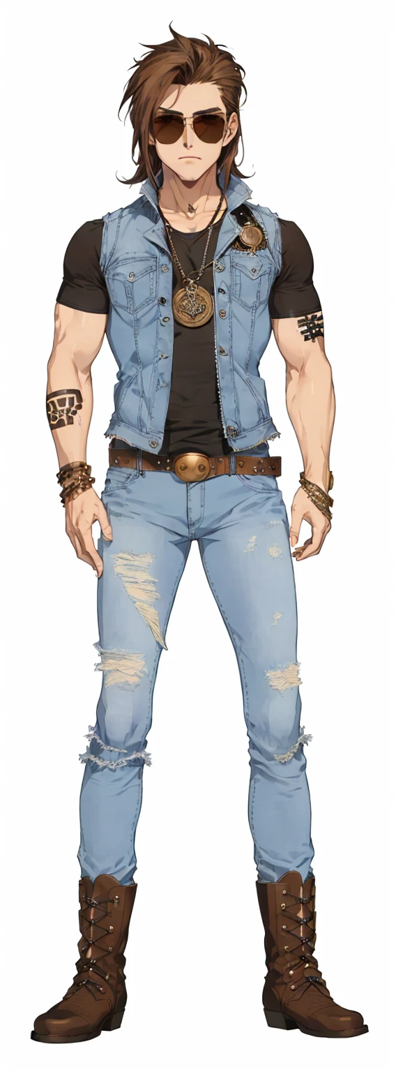 men, muscular, brown hair, round sunglasses, metal bands emblem, tattoo, jeans vest, metal shirt, belt, ripped jeans pants, leather boots, shoelace