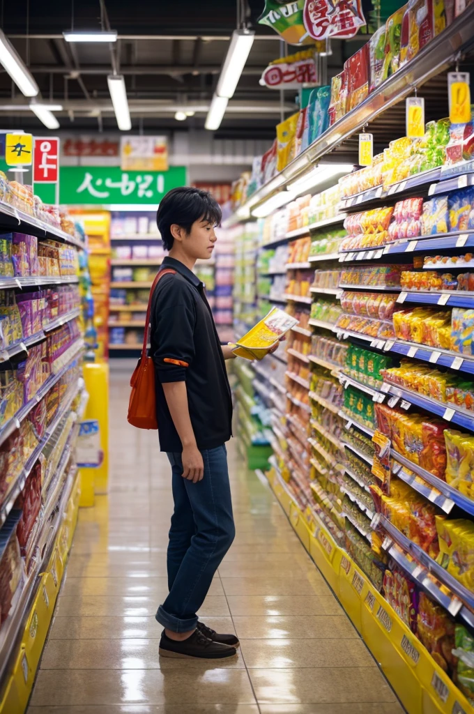 プロンプト: A brightly lit supermarket aisle, Shinichi browsing products. High resolution, 9:16 aspect ratio, ordinary and everyday atmosphere.