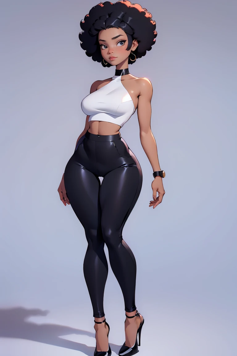 afro american girl, black skin, afro haircut, 1 girl, solo, (black pants) (tube top), sleveless, medium perky , black high heel shoes, wide hips