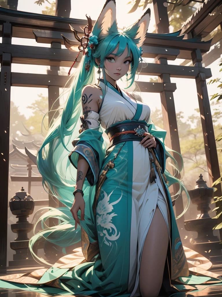  The best quality ((Masterpiece)) high definition Miku Hatsune x vixen high definition add_detail:1, blue fur,kitsune ears, tribal tattoo add_detail:1, pretty girl add_detail:1, feudal priestess clothing add_detail:1, japanese shrine landscape add_detail:1, japanese shrine costume add_detail:1, add_detail:1, full body add_detail, highly detailed face, deep aqua iris add_detail:1