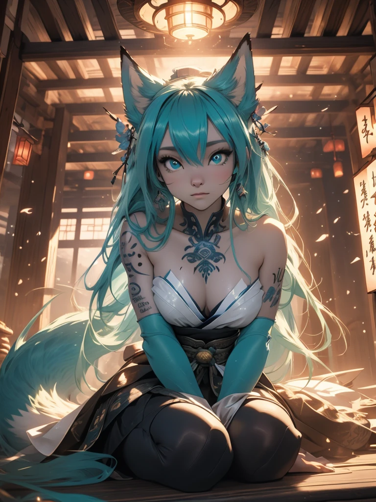  The best quality ((Masterpiece)) high definition Miku Hatsune x vixen high definition add_detail:1, blue fur,kitsune ears, tribal tattoo add_detail:1, pretty girl add_detail:1, feudal priestess clothing add_detail:1, japanese shrine landscape add_detail:1, japanese shrine costume add_detail:1, add_detail:1, full body add_detail, highly detailed face, deep aqua iris add_detail:1