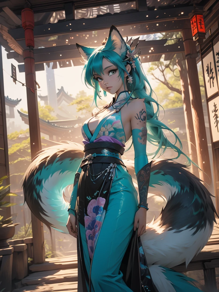 The best quality ((Masterpiece)) high definition Miku Hatsune x vixen high definition add_detail:1, blue fur,kitsune ears, tribal tattoo add_detail:1, pretty girl add_detail:1, feudal priestess clothing add_detail:1, japanese shrine landscape add_detail:1, japanese shrine costume add_detail:1, add_detail:1, full body add_detail, highly detailed face, deep aqua iris add_detail:1