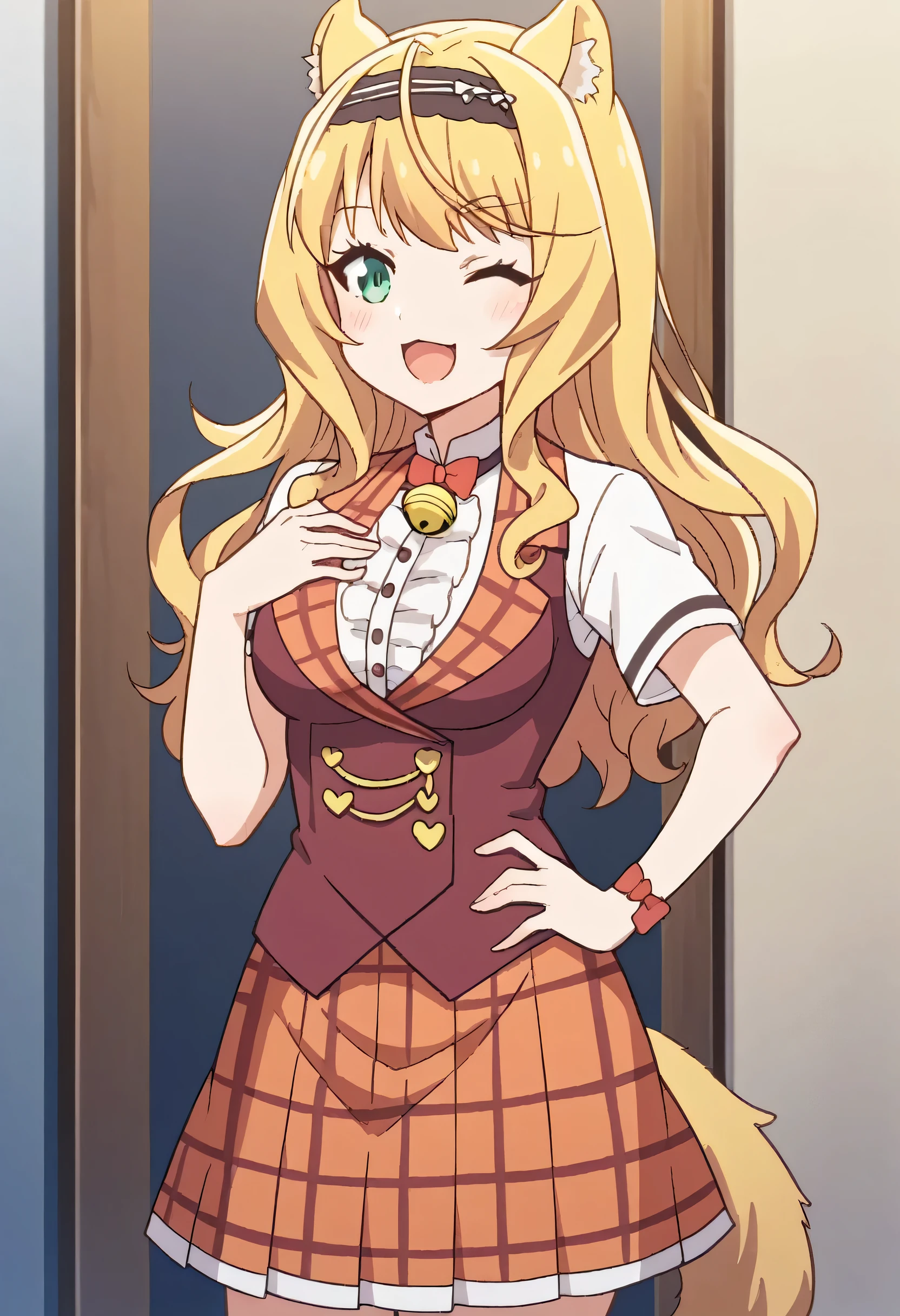 1girl, solo, long hair, looking at viewer, blush, smile, open mouth, skirt, blonde hair, bow, animal ears, green eyes, tail, short sleeves, cowboy shot, pleated skirt, hairband, frills, one eye closed, food, bowtie, vest, red bow, cat tail, hand on hip, plaid, bell, plaid skirt, hand on own chest, jingle bell, curly hair, center frills, ;3