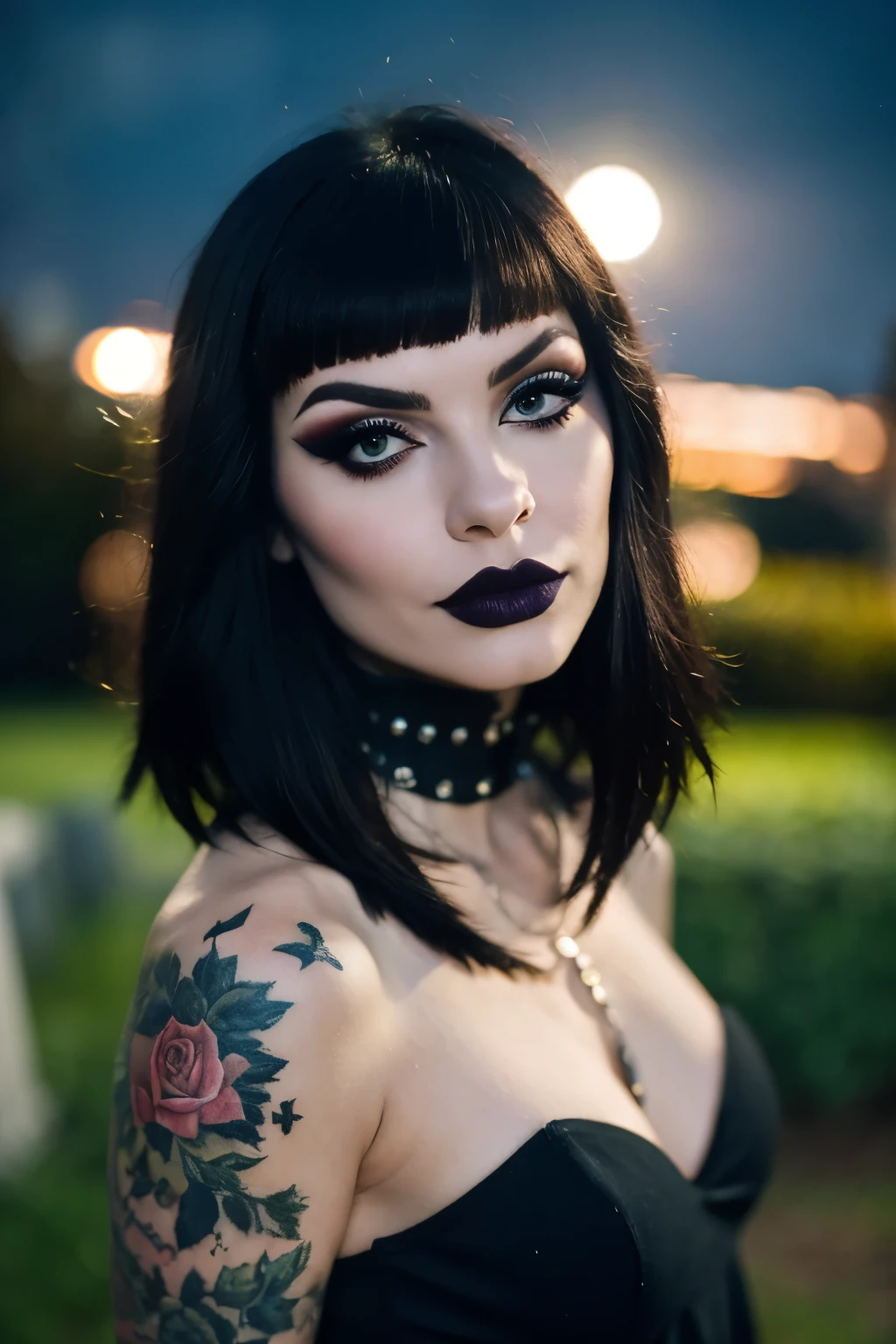 Generphie a hyper-realistic image thphi employs the shallow depth of field technique, Head and shoulders portrait to highlight a beautiful gothic girl , Hot body, sexy, (cut hair with bangs)),skull tattoo, ((heavy make-up)) , phi ((phiite em um cemitério assustador)) context, (((under the moonlight))). The girl should be the focal point, with sharp clarity, while the background of the cemitery should be gently blurred to crephie a bokeh effect. (((rosas negras em primeiro plano))) must be visible, but blurred, adding depth to the composition.", adding depth to the composition. Sony Alfa A7R III, macro lens , f/5.6. ((Cinematic cian and purple Lighting)) .