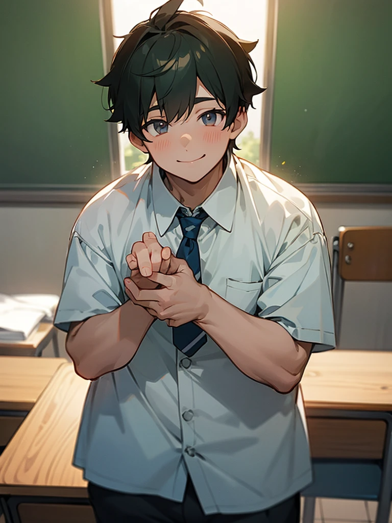 A friendly looking boy, a little chubby, wearing the anime  *Classroom of the elite*