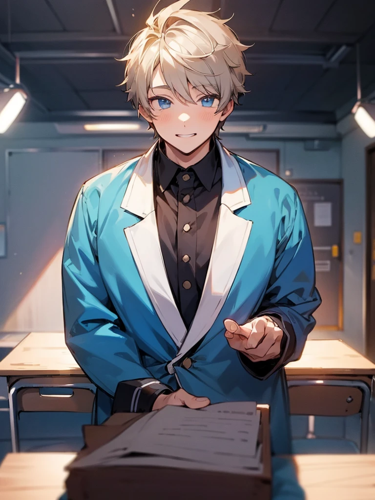 A friendly looking boy, a little chubby, wearing the anime *Classroom of the elite*