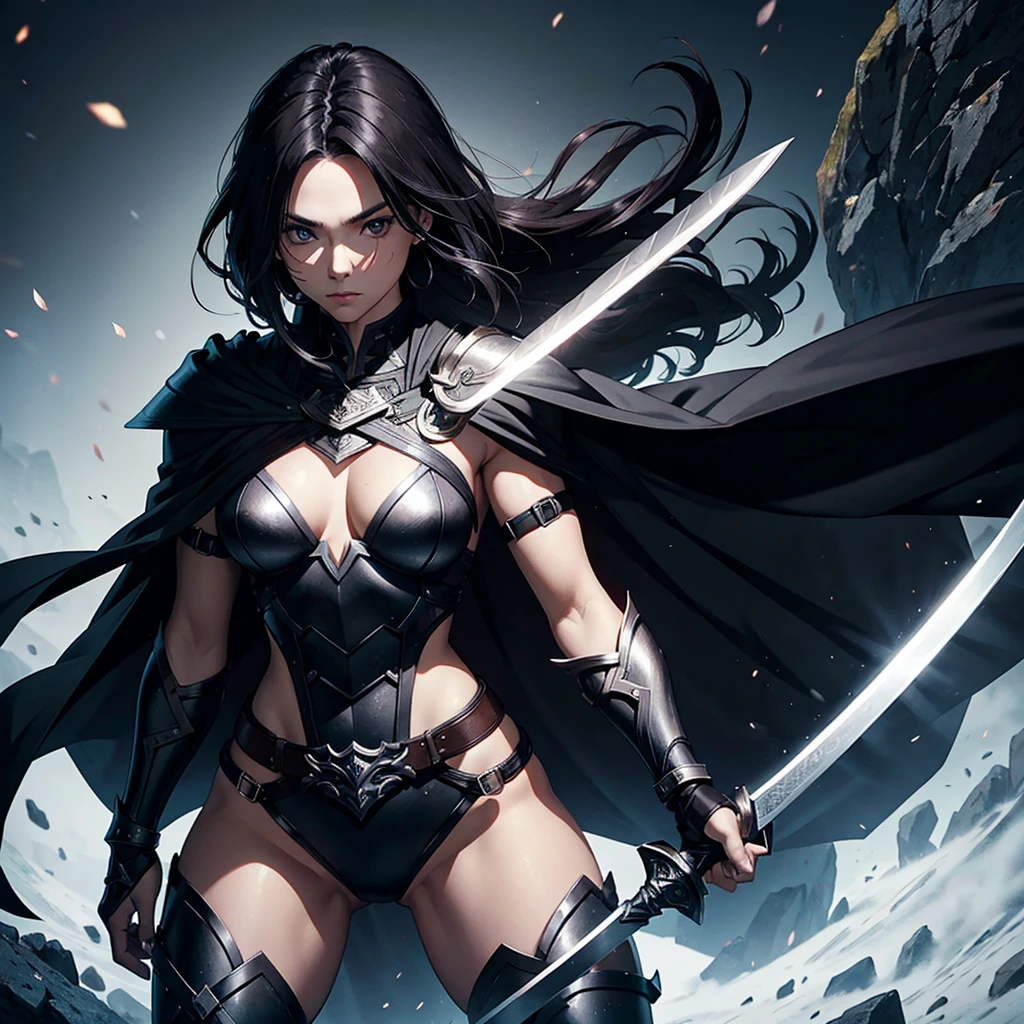 Muscular female swordsman wearing armor and a black cape and holding a sword