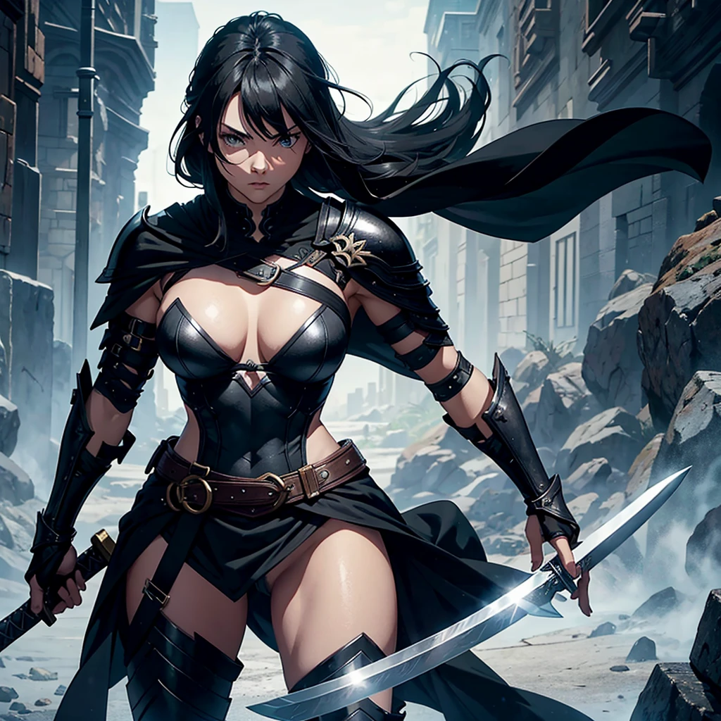 Muscular female swordsman wearing armor and a black cape and holding a sword