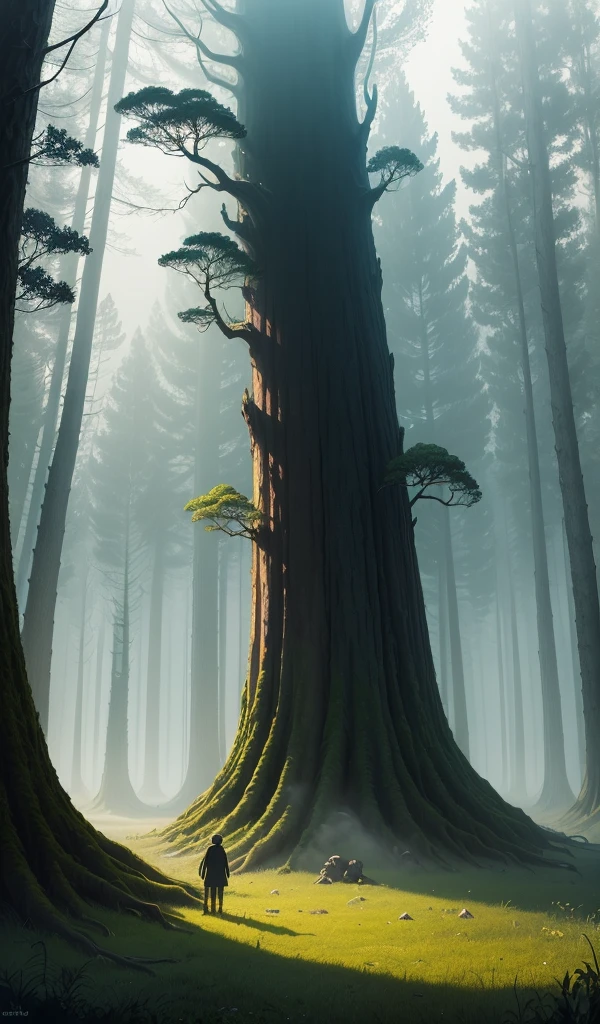 (anime, digital paint, deep forest, eerie atmosphere, the children lost, worried expressions, towering trees casting long shadows, fog creeping along the ground, feeling of isolation and fear)
