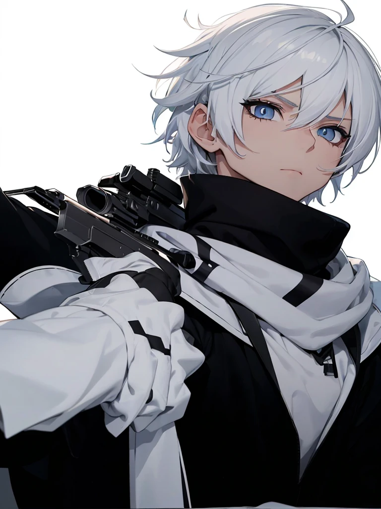Boy with white hair;
shorth hair;
Messy hair;
eye white;
Some gun sight marks on the pupils;
wear black pants;
black jersey;
A white sweater;
A white scarf;
Snow white pupils The sniper is also white in color There's a white sniper on the back;
He is lying on the ground aiming with the sniper Right hands Symmetry Best quality No errors
Sniper na mão
((Faça ele segurar uma sniper branca simétrica sem erros e a mão segurando corretamente))
((Arma um pouco maior que o corpo))