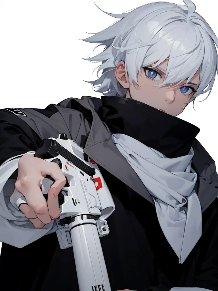 Boy with white hair;
shorth hair;
Messy hair;
eye white;
Some gun sight marks on the pupils;
wear black pants;
black jersey;
A white sweater;
A white scarf;
Snow white pupils The sniper is also white in color There's a white sniper on the back;
He is lying on the ground aiming with the sniper Right hands Symmetry Best quality No errors
Sniper na mão
((Faça ele segurar uma sniper branca simétrica sem erros e a mão segurando corretamente))
((Arma um pouco maior que o corpo))