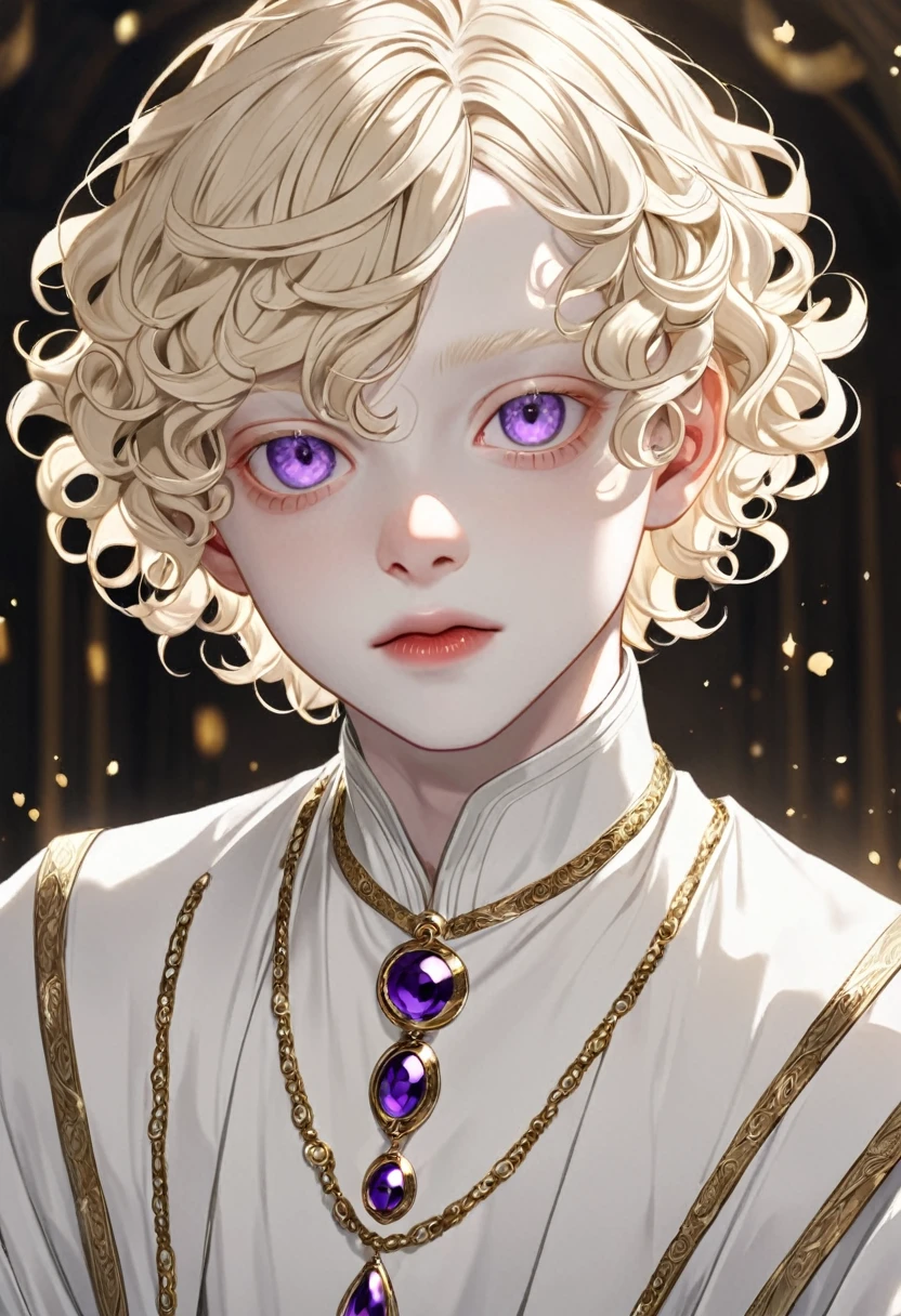 Boy , blonde short curly hair , gray and purple eyes, albinos , pale skin , white clothes, gold accessories