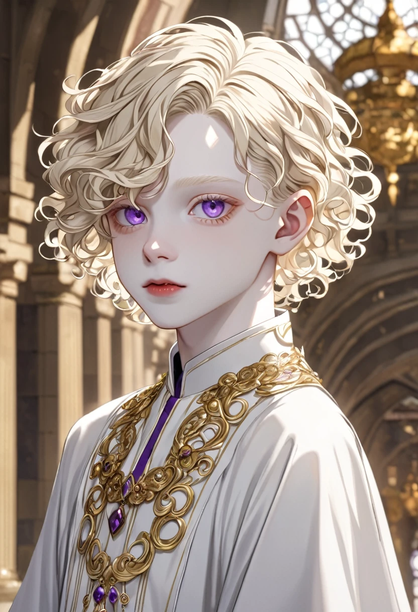 Boy , blonde short curly hair , gray and purple eyes, albinos , pale skin , white clothes, gold accessories 