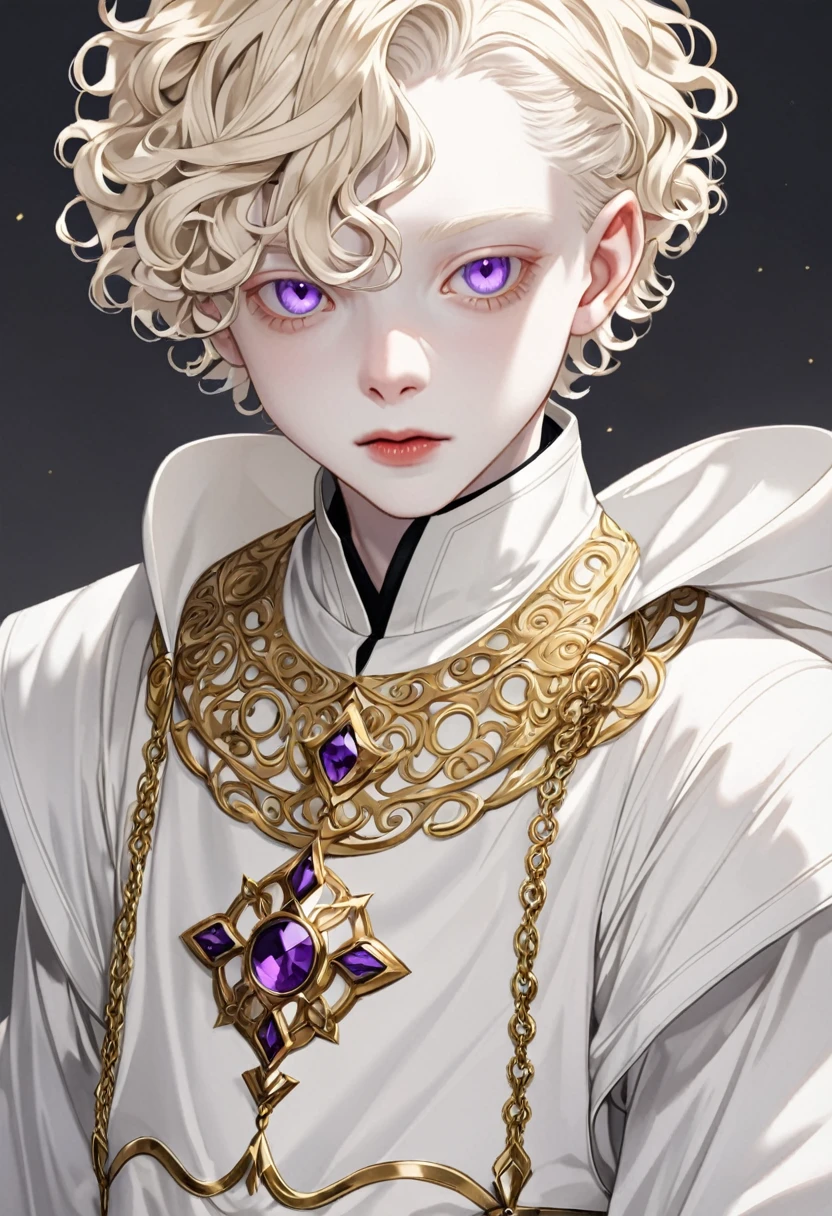 Boy , blonde short curly hair , gray and purple eyes, albinos , pale skin , white clothes, gold accessories
