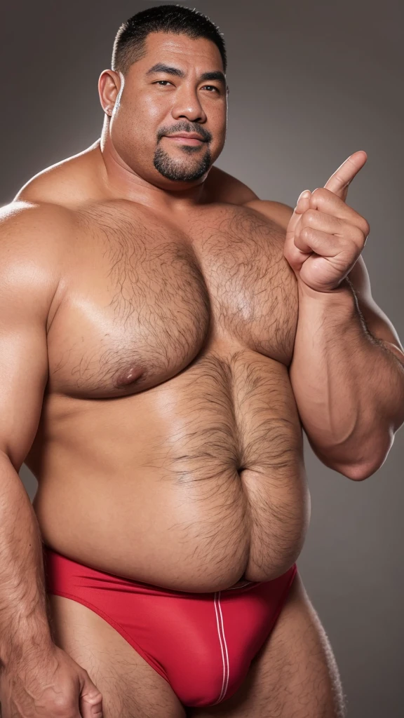 black hair, middle-aged man, individual, male, Muscular wrestler, muscular, Stout wrestler, Asian, Japanese, uncle, 55 year old middle-aged man, short hair, short hair, red wrestling boots, full body portrait, shadow, Vision, red briefs, obesity, 45 years old, short beard, middle-aged man, tattoo, fingerless gloves, Wheat skin, shiny skin, dark skin, Show your pectoral muscles, sumo wrestler, bodybuilder, wide temples, Visible abdominal muscles, Smile, Fine hands, solid color background, pure white background, Surrealism, Panorama, 8k, super detail,