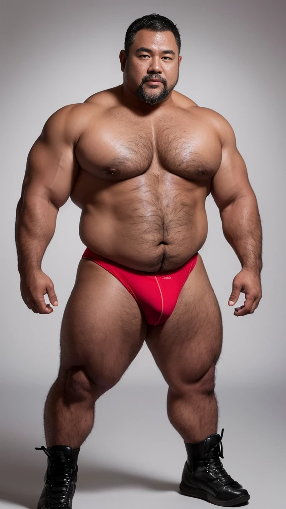 black hair, middle-aged man, individual, male, Muscular wrestler, muscular, Stout wrestler, Asian, Japanese, uncle, 55 year old middle-aged man, short hair, short hair, red wrestling boots, full body portrait, shadow, Vision, red briefs, obesity, 45 years old, short beard, middle-aged man, tattoo, fingerless gloves, Wheat skin, shiny skin, dark skin, Show your pectoral muscles, sumo wrestler, bodybuilder, wide temples, Visible abdominal muscles, Smile, Fine hands, solid color background, pure white background, Surrealism, Panorama, 8k, super detail，