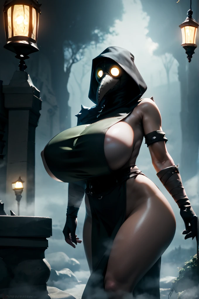 plague doctor, 1girl, solo, hood, mask, gloves, faceless, plague doctor mask, tabard, pelvic curtain, gigantic breasts, wide hips, , tall, looking at viewer, solid eyes, athletic, dark victorian town outdoors, fog, mist, lantern, glowing butterflies, volumetric lighting, best quality, masterpiece, realistic 