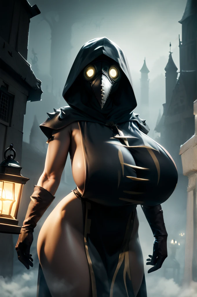plague doctor, 1girl, solo, hood, mask, gloves, faceless, plague doctor mask, tabard, pelvic curtain, gigantic breasts, wide hips, , tall, looking at viewer, solid eyes, athletic, dark victorian town outdoors, fog, mist, lantern, glowing butterflies, volumetric lighting, best quality, masterpiece, realistic