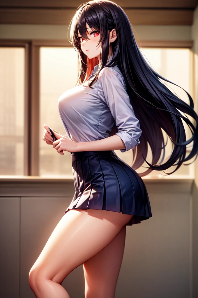 8K, underdetailed, masterpiece, high quality, highres, best quality, highres, 1girl, disheveled hair, illustration, focus on face, simple background, long hair, socks, black hair, hair between eyes, calm, long bangs, twolfcut, ribbons in hair, crimson red eyes, large breasts, wolfcut, breasts, perfect face, perfect legs, pleated skirt, full lips, add_detail:-3