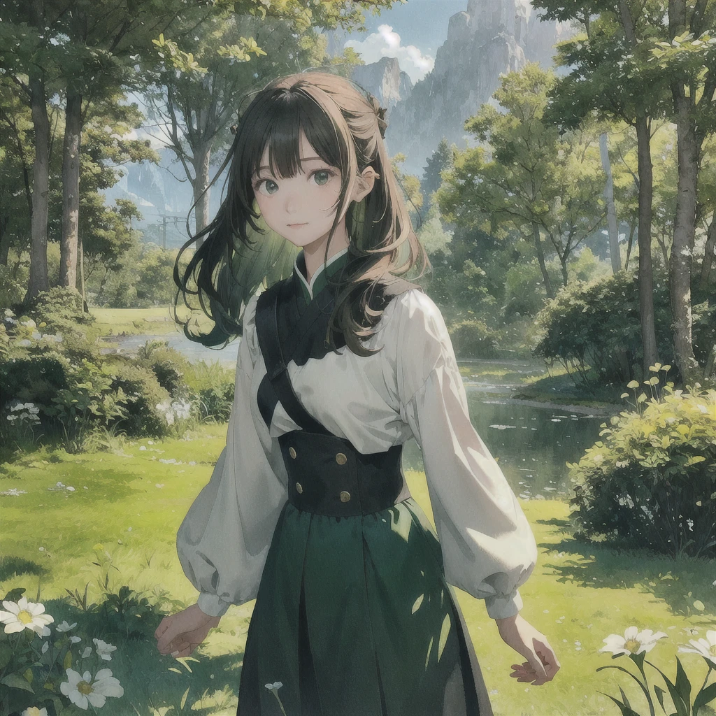 In a green meadow stands a girl leading a group of knights.
BREAK
With a brave expression, she guides them towards their destination.
BREAK
Behind her, a green forest stretches out and beyond that, mountains rise in the distance.
BREAK
The most suitable effect for this scene would be a watercolor painting technique to capture the softness of the meadow and the fluidity of the movement.