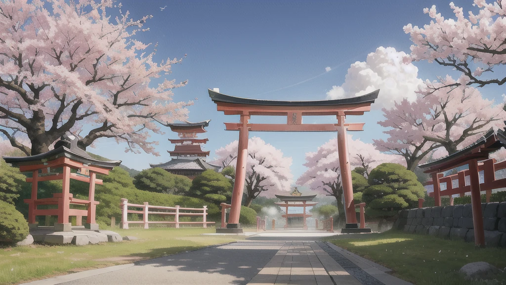 There is an open-air bath behind the shrine. Torii gate, cherry tree, lots of steam, background only