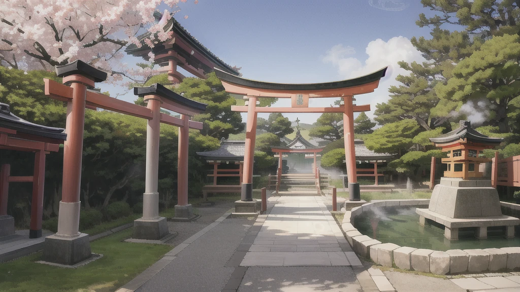 There is an open-air bath behind the shrine. Torii gate, cherry tree, lots of steam, background only