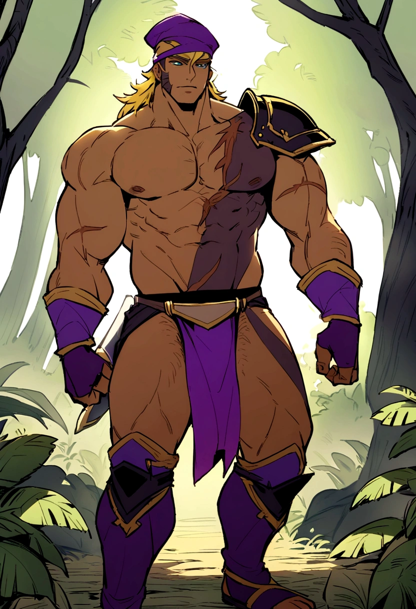 Sexy blue-eyed half-monkey half-human guy with muscles in a loincloth with a sword a shoulder pad in the forest with a scar on his hairy chest with albino yellow hair in a purple cap and purple boots