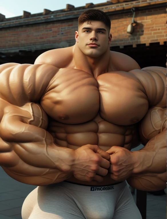 1boy, giant, alone, giant bodybuilder, golden hour, strong body, bulk, large size, staying on the brick wall, outdoor, nude, white triangular underwear, prominent bulge, extraordinary big, brutalmass, giant, muscular body, bulk, buff, massive body, large meaty body size, extremely wide body