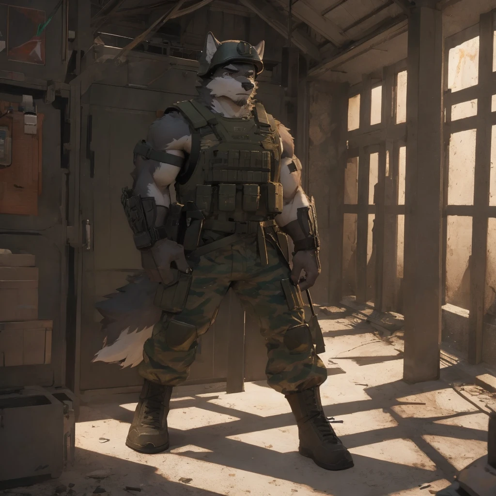Male, male focus, Wolf, black fur, white fur, short hair, black hair, red heart stripes on his hair, 20 years old, tank, military helmet, armored military uniform, dramatic effect, dramatic light, shadow, shade, higlight, high quality, high details, High detailed image, high quality image, Very detailed shadows, high detail shadows, battlefield