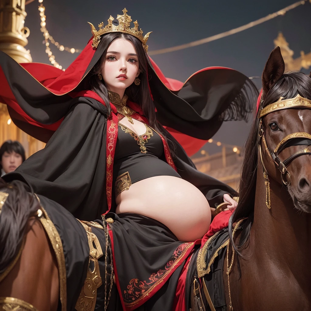 A pregnant woman riding a brown horse, wearing a black cloak with red embroidery, only her lips are visible from under the cloak, next to her is an elf man wearing a black cloak with gold embroidery, wearing a thin crown on his head, riding a black horse, the goblin army They follow him on wolves, and people watch