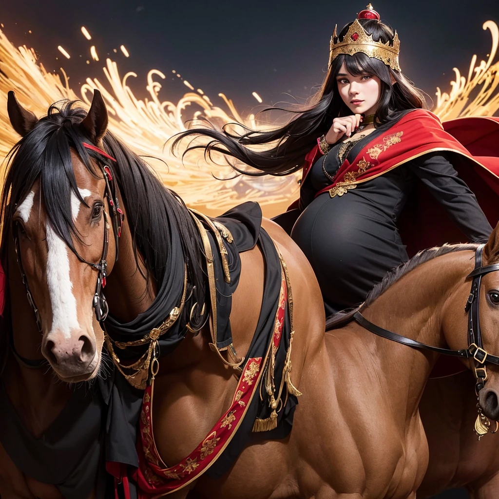 A pregnant woman riding a brown horse, wearing a black cloak with red embroidery, only her lips are visible from under the cloak, next to her is an elf man wearing a black cloak with gold embroidery, wearing a thin crown on his head, riding a black horse, the goblin army They follow him on wolves, and people watch