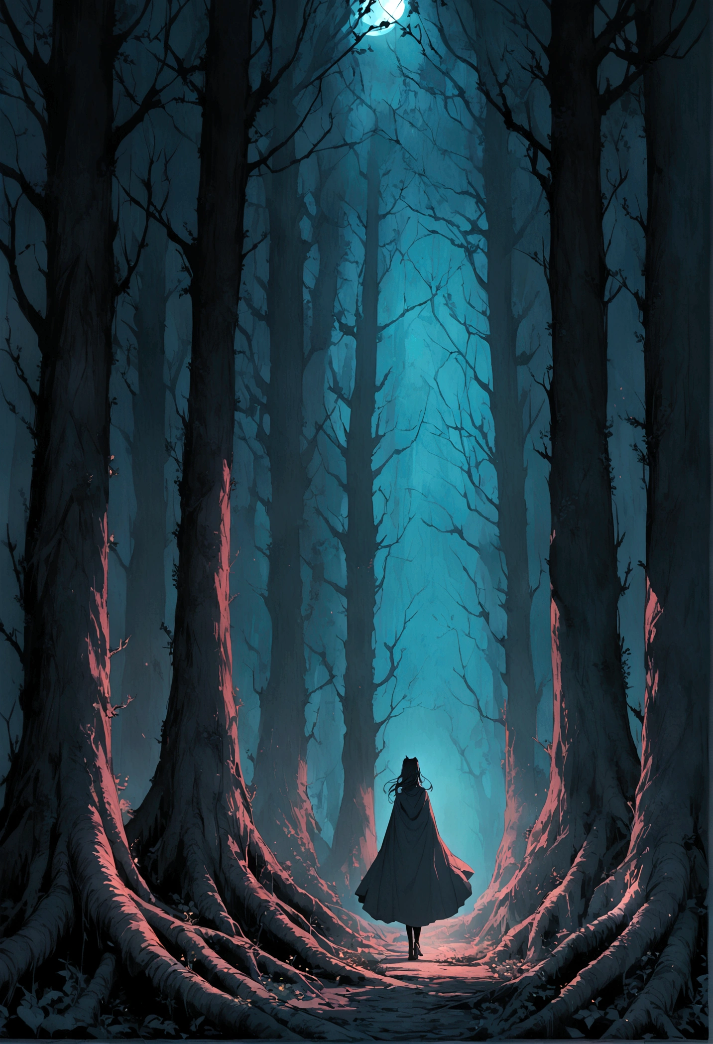 Dark dense forest at night with tall trees and thick roots and no path