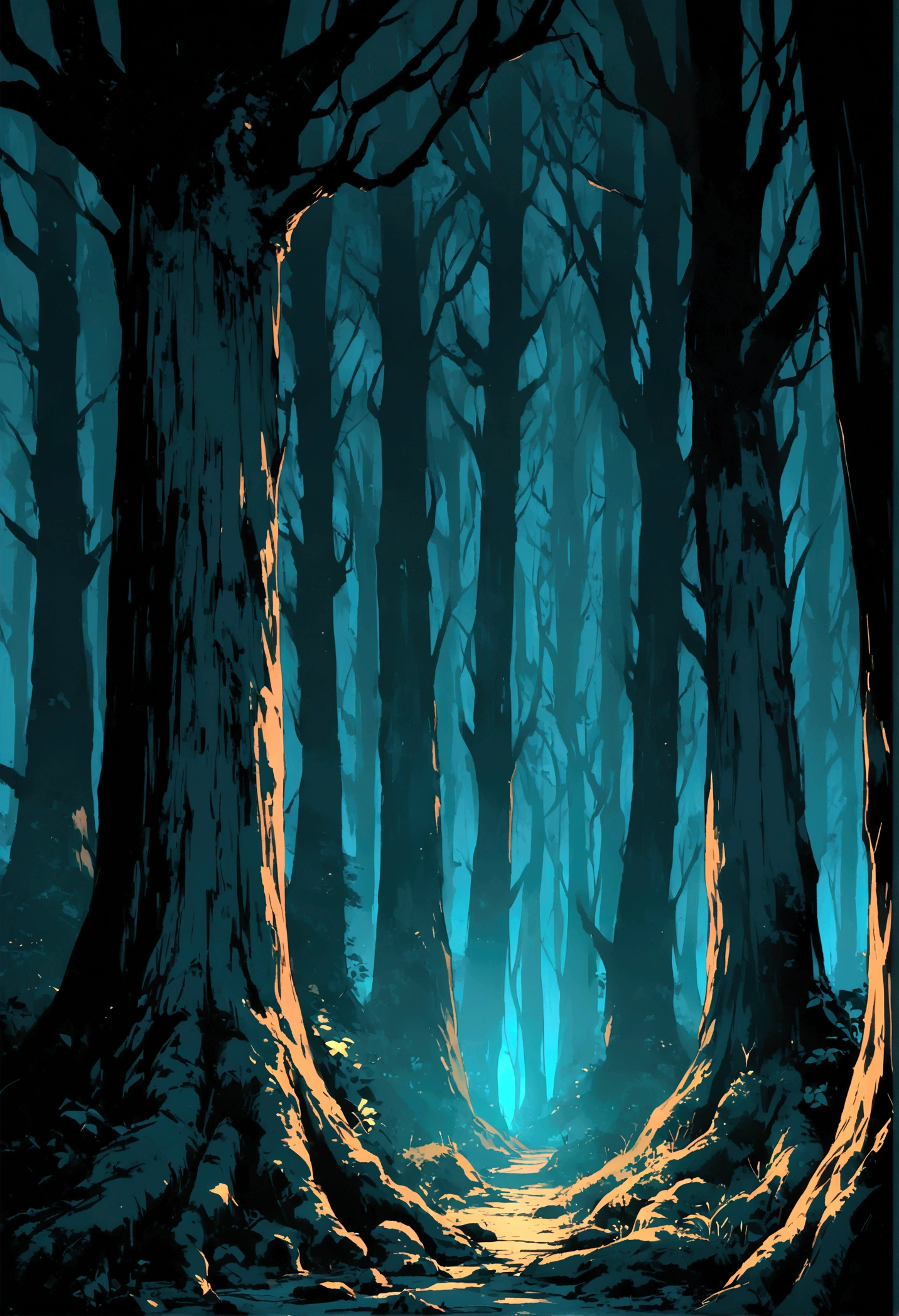 Dark dense forest at night with tall trees and thick roots and no path