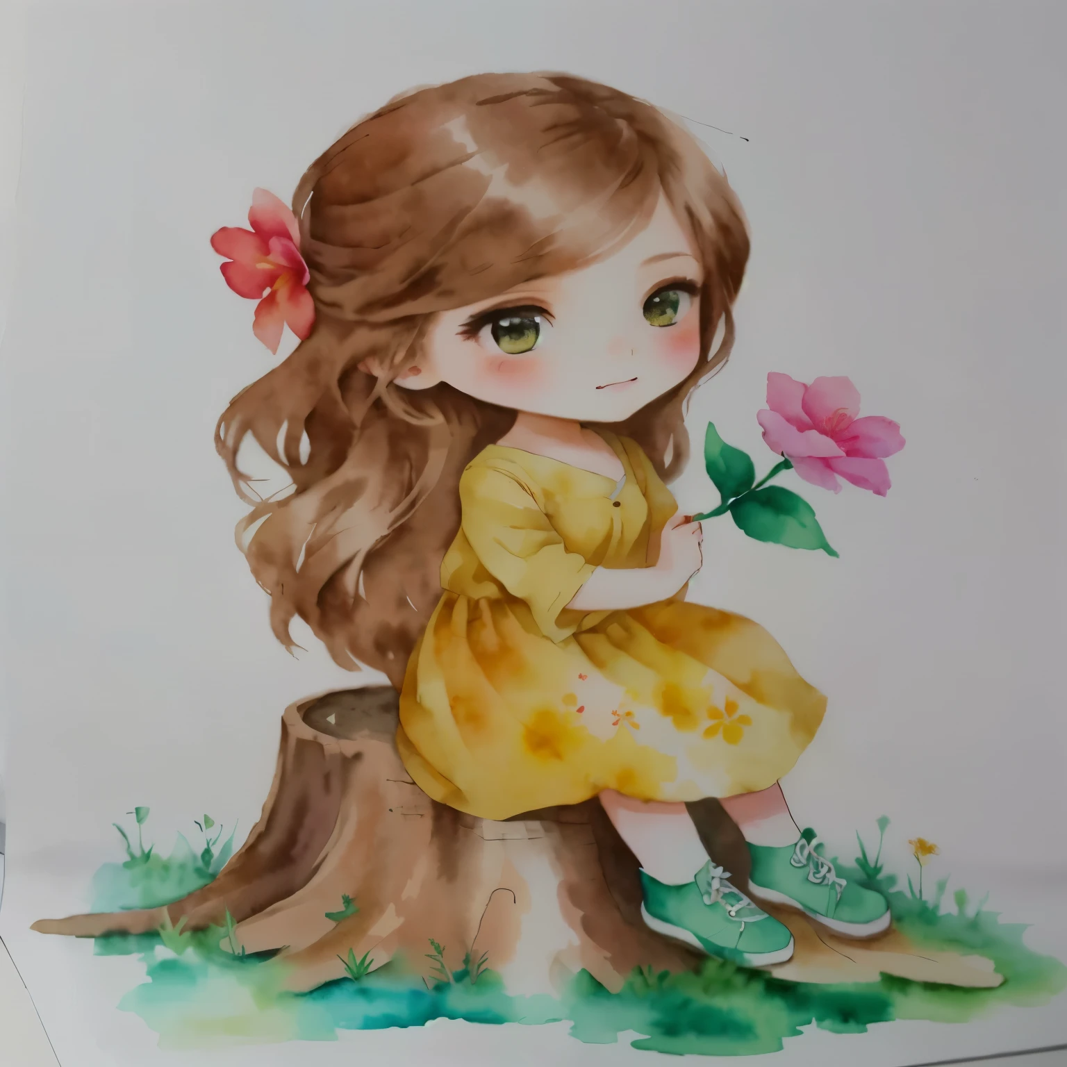 painting of one with a flower sitting on a tree stump, cute art style, realistic painting of beautiful girl, cute drawing, watercolor colored painting, chibi girl, cute portrait, portrait of a beautiful girl, Watercolor painting, beautiful drawing style, watercolor drawing, chibi art, traditional art, cute digital art, cute cartoon character, water color on paper, beautiful painting