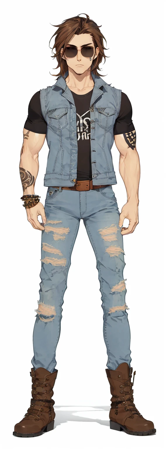 men, muscular, brown hair, round sunglasses, metal bands, tattoo, jeans vest, metal shirt, belt, ripped jeans pants, leather boots, shoelace
