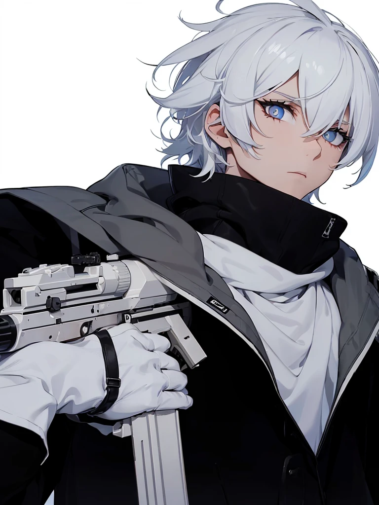 Boy with white hair;
shorth hair;
Messy hair;
eye white;
Some gun sight marks on the pupils;
wear black pants;
black jersey;
A white sweater;
A white scarf;
Snow white pupils The sniper is also white in color There&#39;s a white sniper on the back;


He is lying on the ground aiming with the sniper Right hands Symmetry Best quality No errors 

Sniper na mão 


((Faça ele segurar uma sniper branca simétrica sem erros e a mão segurando corretamente))


((Arma um pouco maior que o corpo))