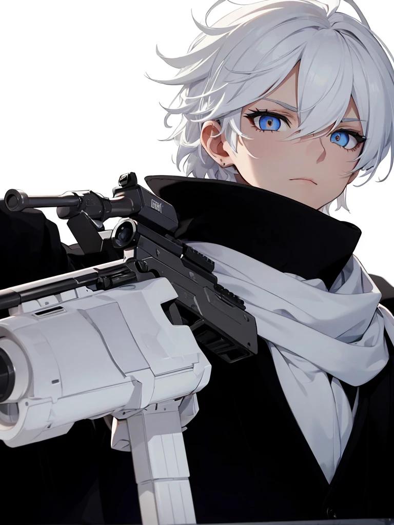 Boy with white hair;
shorth hair;
Messy hair;
eye white;
Some gun sight marks on the pupils;
wear black pants;
black jersey;
A white sweater;
A white scarf;
Snow white pupils The sniper is also white in color There's a white sniper on the back;
He is lying on the ground aiming with the sniper Right hands Symmetry Best quality No errors
Sniper na mão
((Faça ele segurar uma sniper branca simétrica sem erros e a mão segurando corretamente))
((Arma um pouco maior que o corpo))