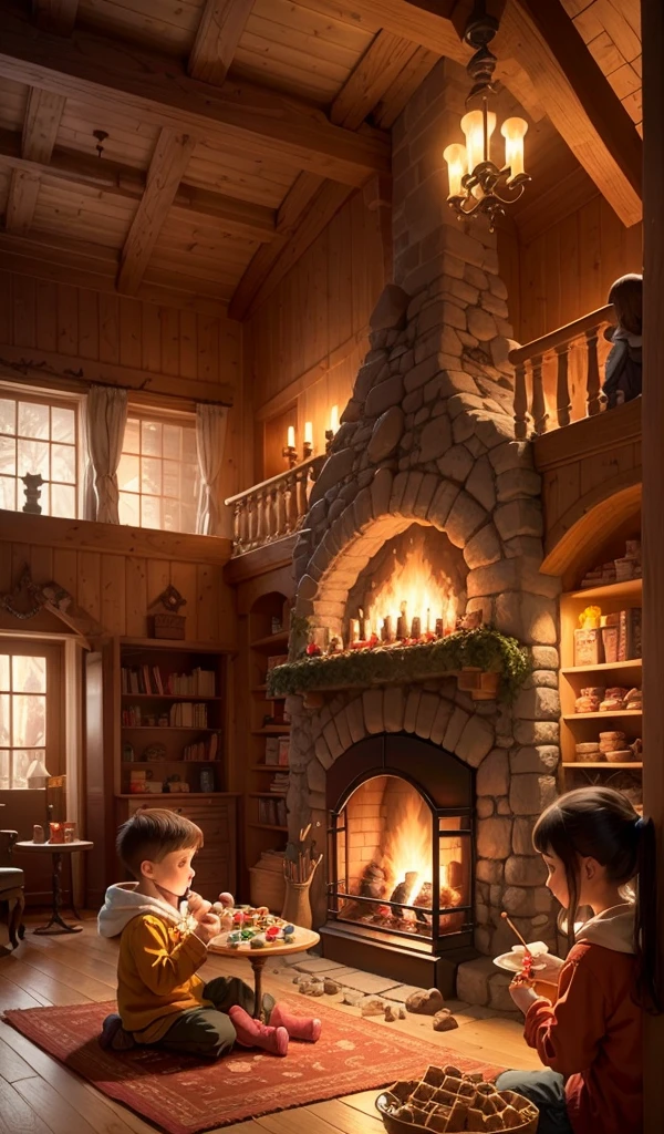 (anime, digital paint, interior of gingerbread house, warm and inviting, the children eagerly eating sweets at a large candy-covered table, cozy fireplace with flickering flames, detailed candy and food all around, homely and deceptive atmosphere)