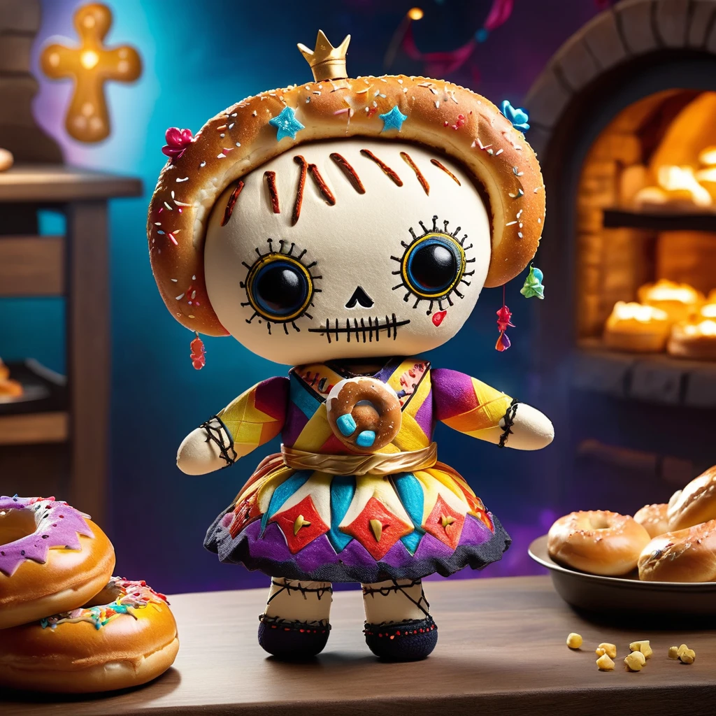 (knitted toy voodoo doll:1.7), (Voodoo Bagel Overlord:1.5), (Clothing: royal robes with bagel patterns:1.0), (Accessories: glowing bagel scepter, magical cream cheese, enchanted crown:1.2), (Background: whimsical bakery with colorful pastries, sparkling ovens, and joyful bakers:1.2), (full body:1.0), best quality, masterpiece, detailed soft oil painting, detailed background, dramatic cinematic lighting, soft edge lighting, professional, dramatic lighting, hard edge lighting, ultra quality, 4k,masterpiece, best quality, 8k, ultra highres, highres, extremely detailed