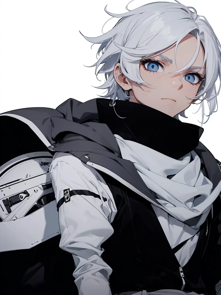Boy with white hair;
shorth hair;
Messy hair;
eye white;
Some gun sight marks on the pupils;
wear black pants;
black jersey;
A white sweater;
A white scarf;
Snow white pupils The sniper is also white in color There&#39;s a white sniper on the back;


He is lying on the ground aiming with the sniper Right hands Symmetry Best quality No errors 

Sniper na mão 


((Faça ele segurar uma sniper branca simétrica sem erros e a mão segurando corretamente))


((Arma um pouco maior que o corpo))