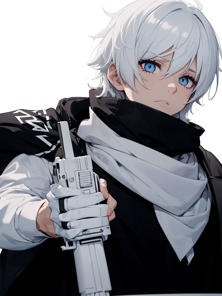 Boy with white hair;
shorth hair;
Messy hair;
eye white;
Some gun sight marks on the pupils;
wear black pants;
black jersey;
A white sweater;
A white scarf;
Snow white pupils The sniper is also white in color There&#39;s a white sniper on the back;


He is lying on the ground aiming with the sniper Right hands Symmetry Best quality No errors 

Sniper na mão 


((Faça ele segurar uma sniper branca simétrica sem erros e a mão segurando corretamente))


((Arma um pouco maior que o corpo))