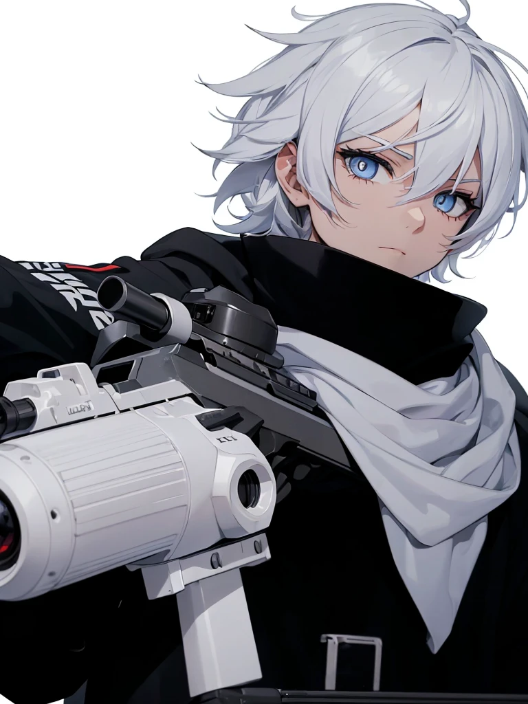Boy with white hair;
shorth hair;
Messy hair;
eye white;
Some gun sight marks on the pupils;
wear black pants;
black jersey;
A white sweater;
A white scarf;
Snow white pupils The sniper is also white in color There's a white sniper on the back;
He is lying on the ground aiming with the sniper Right hands Symmetry Best quality No errors
Sniper na mão
((Faça ele segurar uma sniper branca simétrica sem erros e a mão segurando corretamente))
((Arma um pouco maior que o corpo))